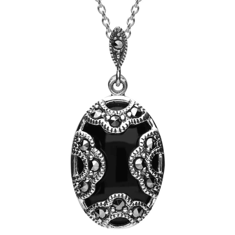 Sterling Silver Whitby Jet Marcasite Oval Art Deco Necklace - Silver