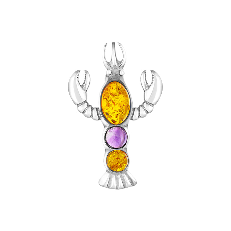 Sterling Silver Amber Amethyst Lobster Brooch - Silver