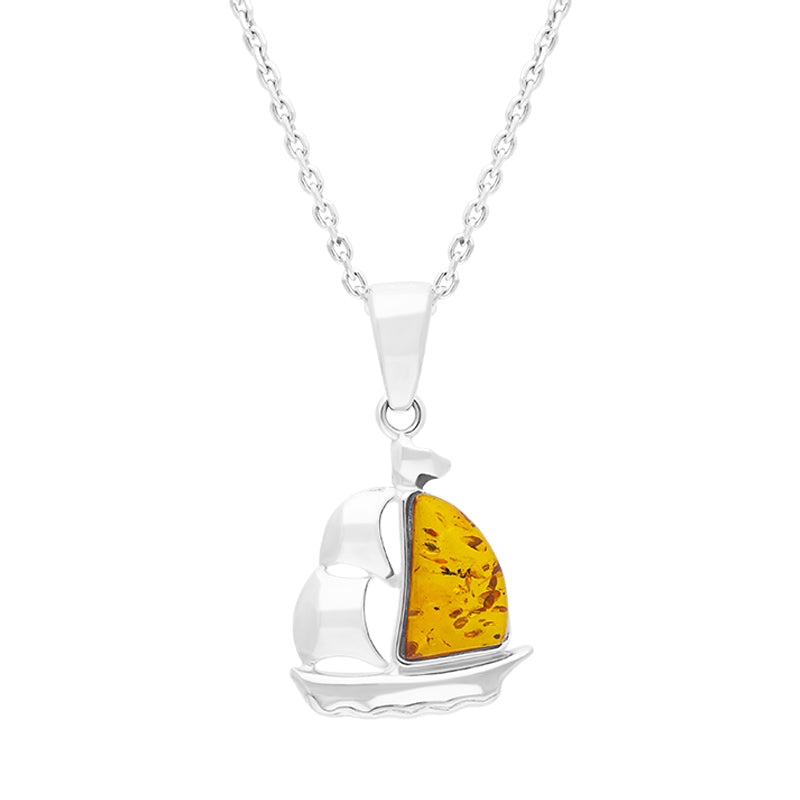 Sterling Silver Amber Ship Pendant Necklace D - Silver