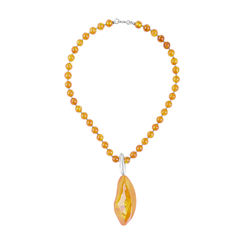 Sterling Silver Amber Beaded Pendant Necklace D - Silver