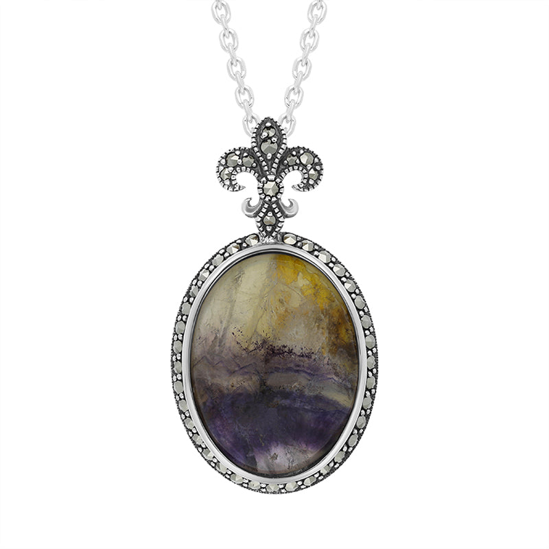 Sterling Silver Blue John Marcasite Fleur De Lis Topped Oval Necklace D - Silver