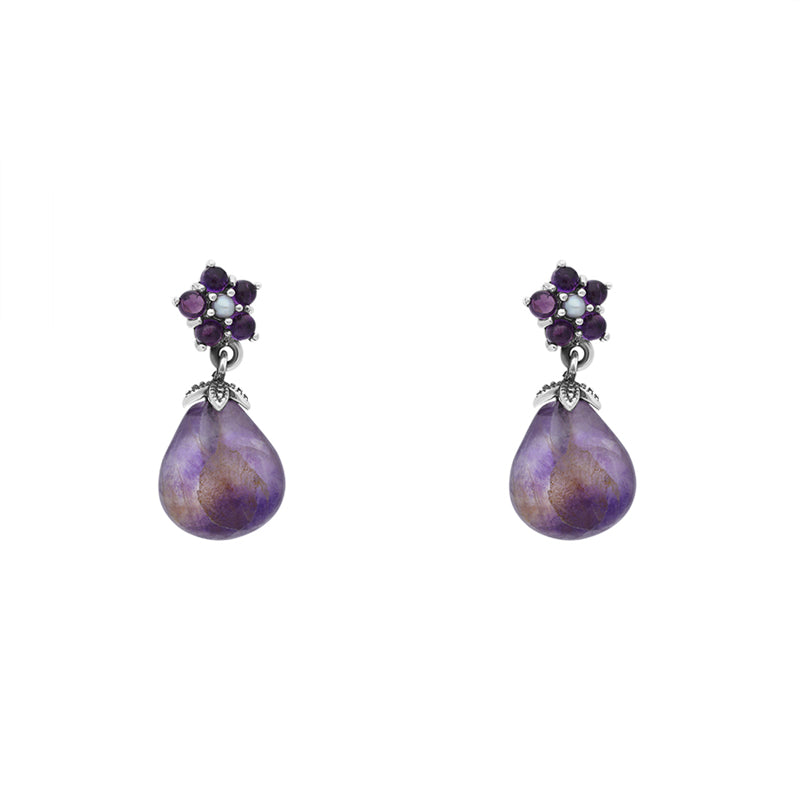 Sterling Silver Blue John Amethyst Pearl Flower Top Drop Earrings - Silver