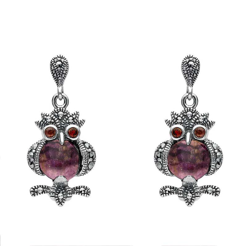 Sterling Silver Blue John Marcasite and Garnet Owl Drop Earrings - Silver
