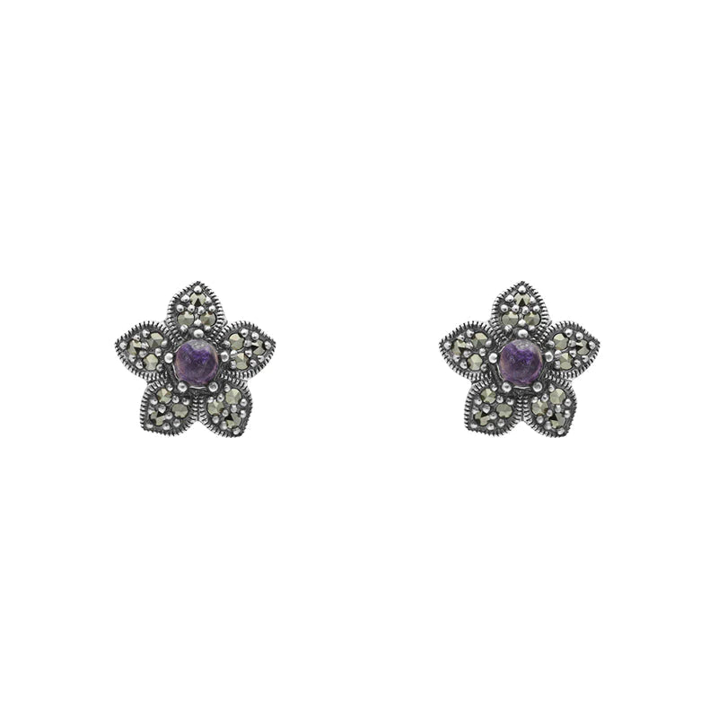 Sterling Silver Blue John Marcasite Flower Stud Earrings - Silver