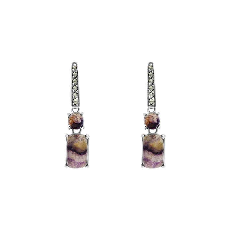 Sterling Silver Blue John Marcasite Oblong Drop Earrings - Silver