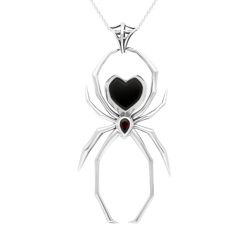 Sterling Silver Whitby Jet Garnet Spider Pendant Necklace - Silver