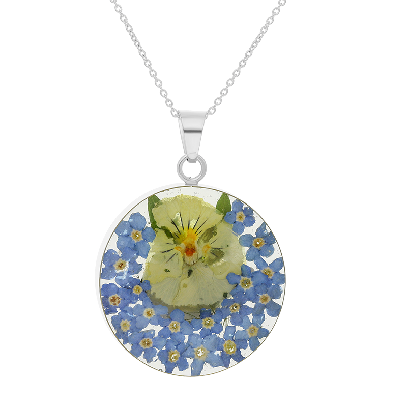 Sterling Silver Large Round Blue Flower Necklace D - Silver