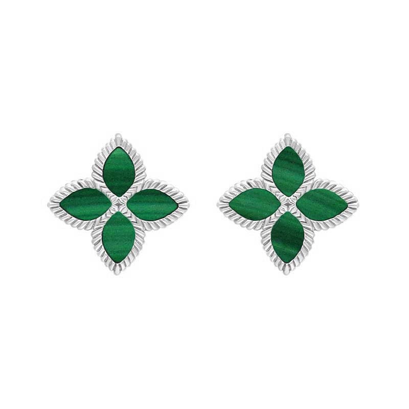Sterling Silver Malachite Bloom Marquise Flower Stud Earrings - Silver
