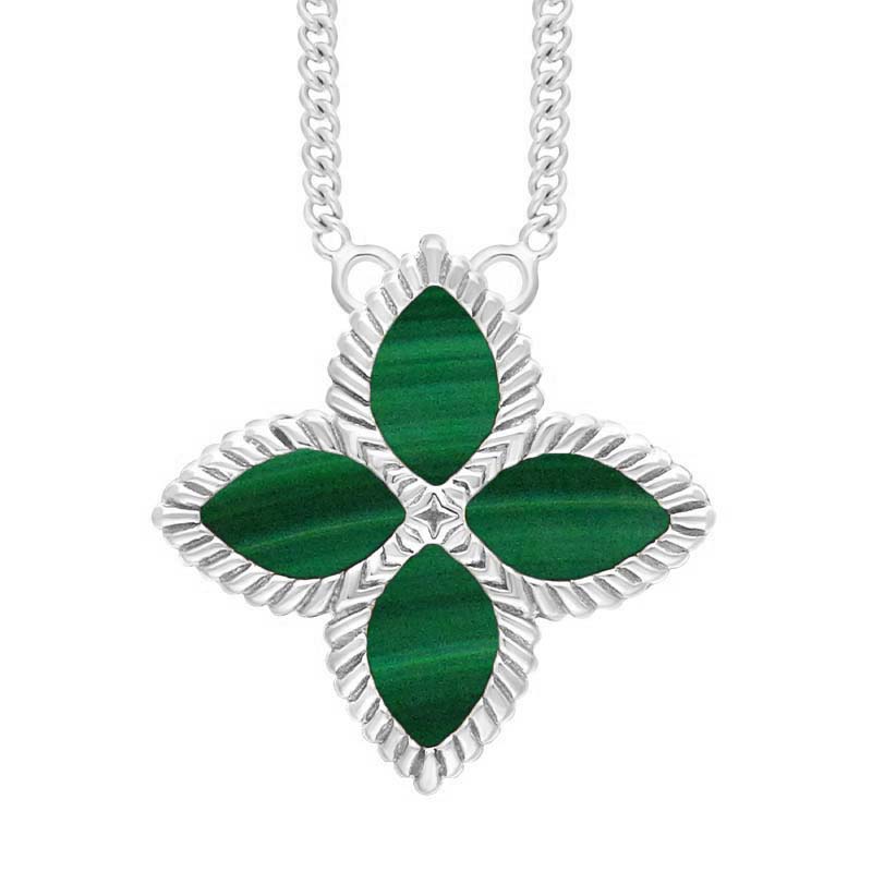 Sterling Silver Malachite Bloom Large Marquise Flower Necklace - Silver