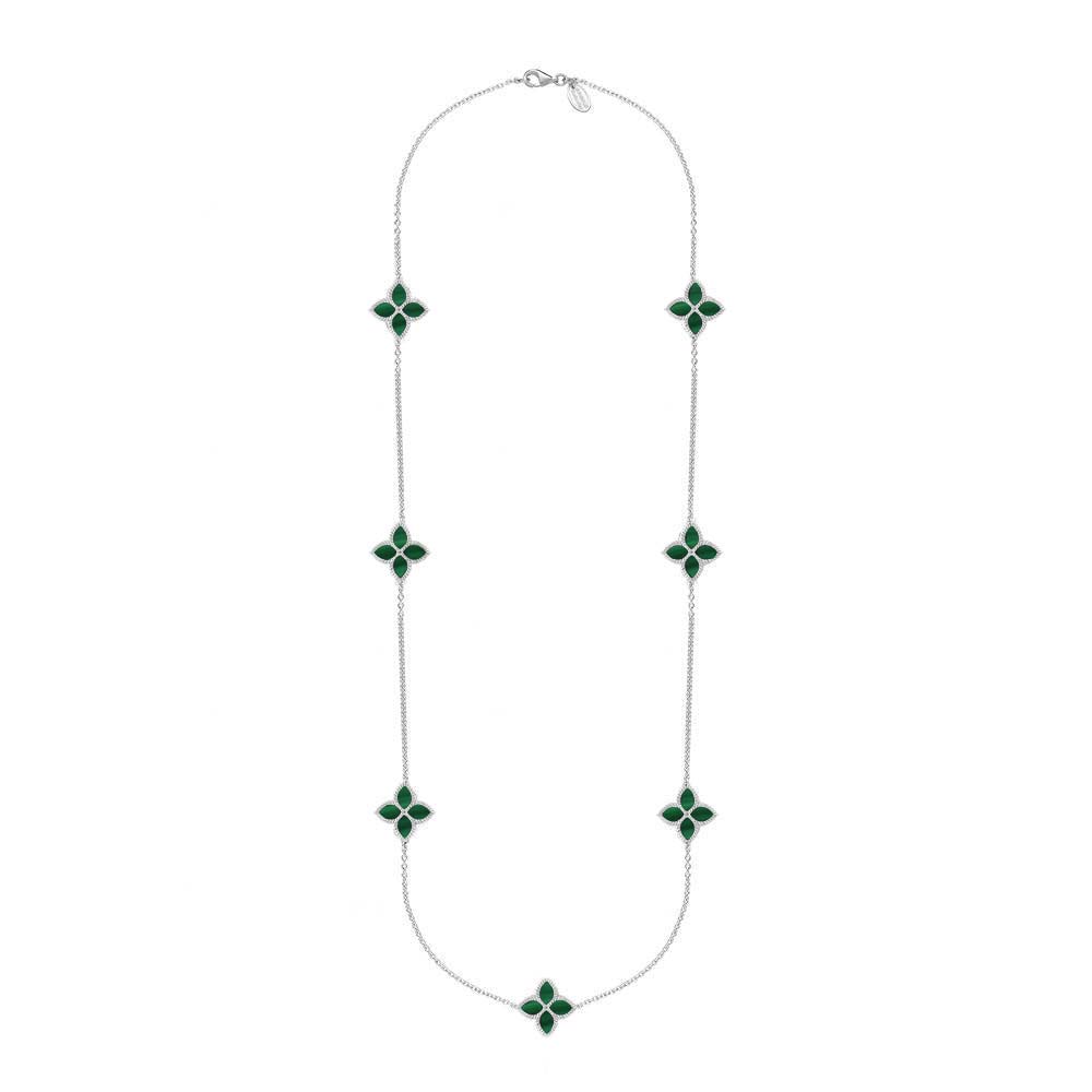 Sterling Silver Malachite Bloom Long Marquise Flower Necklace - Silver