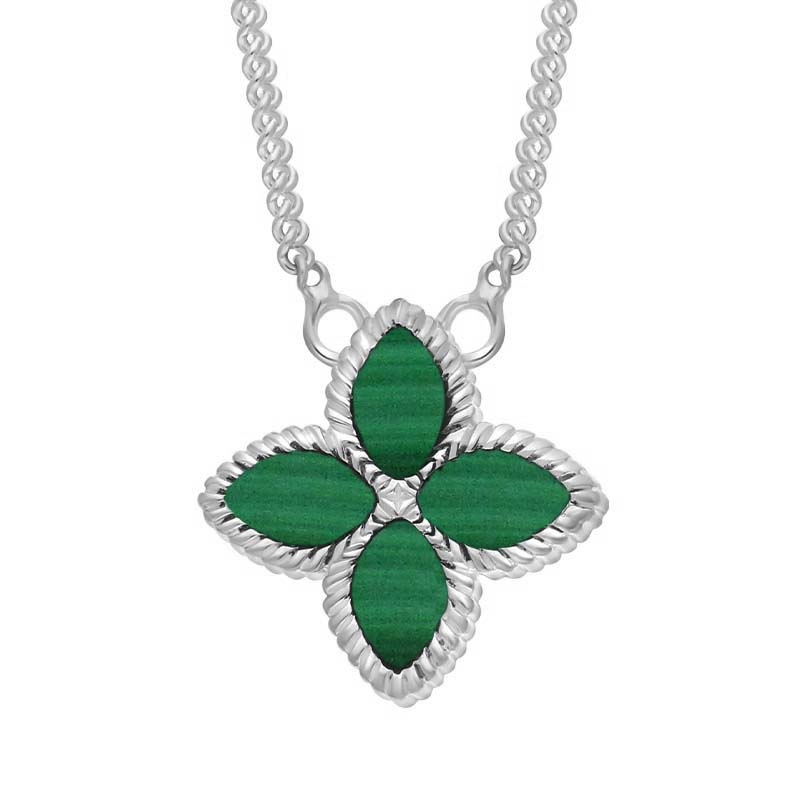 Sterling Silver Malachite Bloom Small Marquise Flower Necklace - Silver