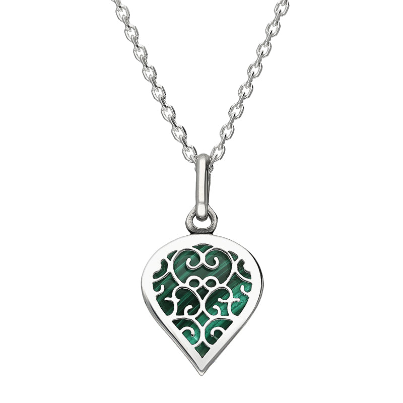 Sterling Silver Malachite Flore Filigree Small Heart Necklace