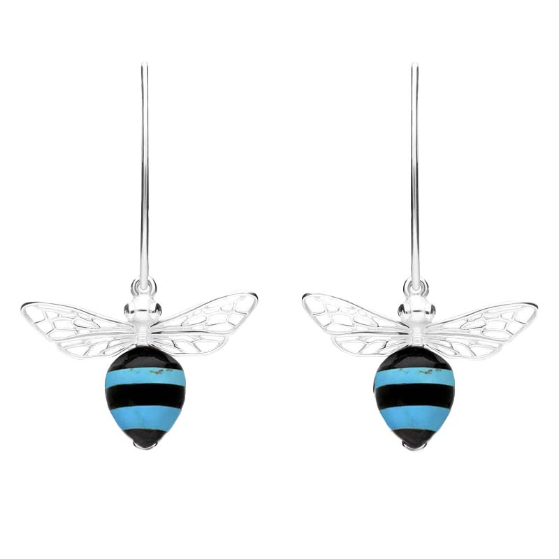 Sterling Silver Turquoise Whitby Jet Bee Small Hook Earrings - Silver