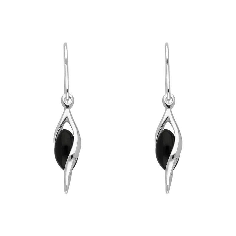 Sterling Silver Whitby Jet Twisted Drop Earrings - Silver
