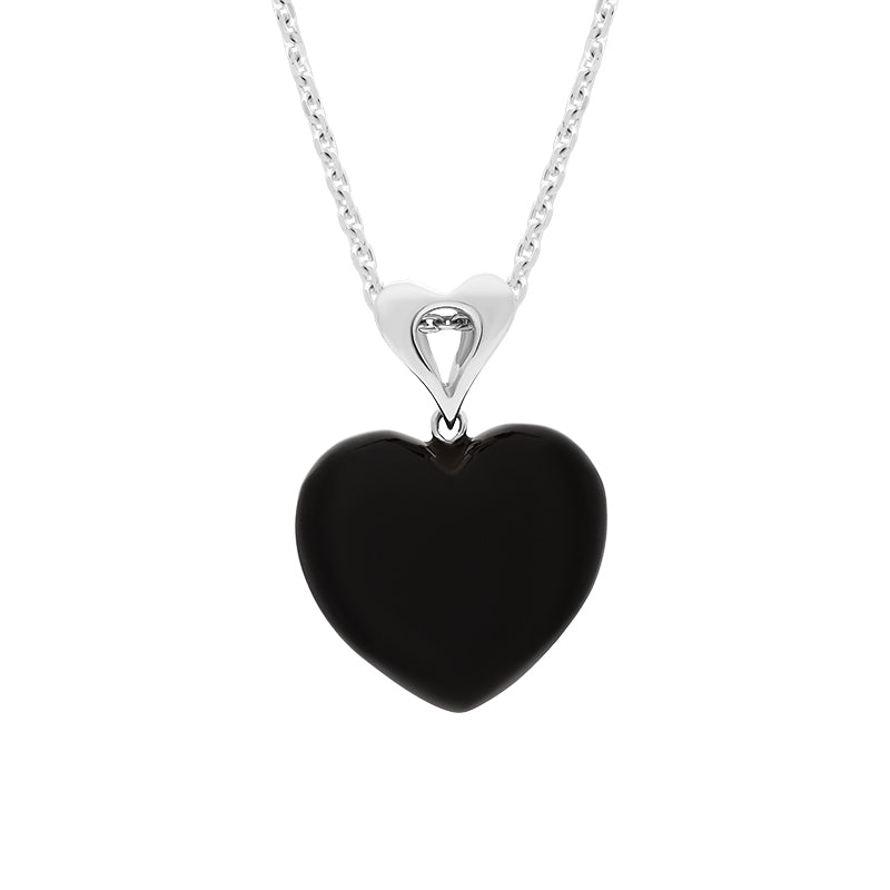 Sterling Silver Whitby Jet Fancy Bail Large Carved Heart Necklace - Silver