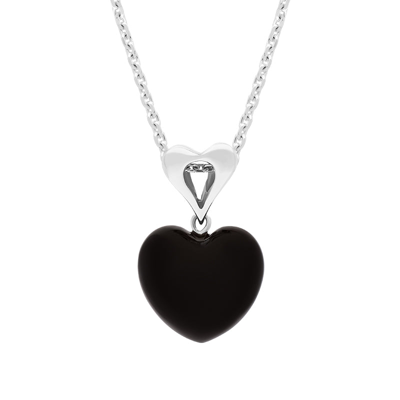 Sterling Silver Whitby Jet Fancy Bail Medium Carved Heart Necklace - Silver