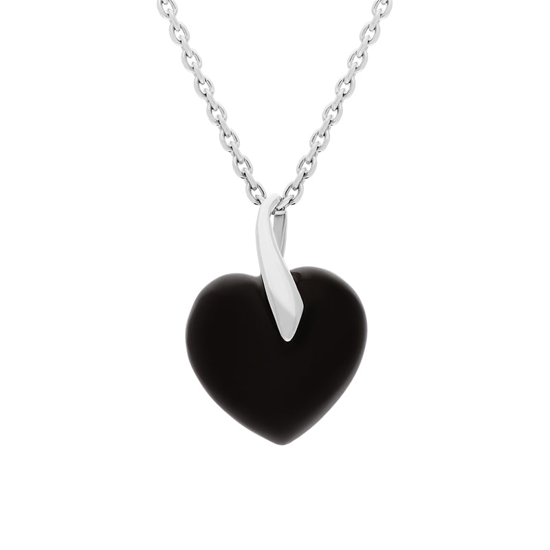 Sterling Silver Whitby Jet Leaf Bail Small Carved Heart Necklace - Silver