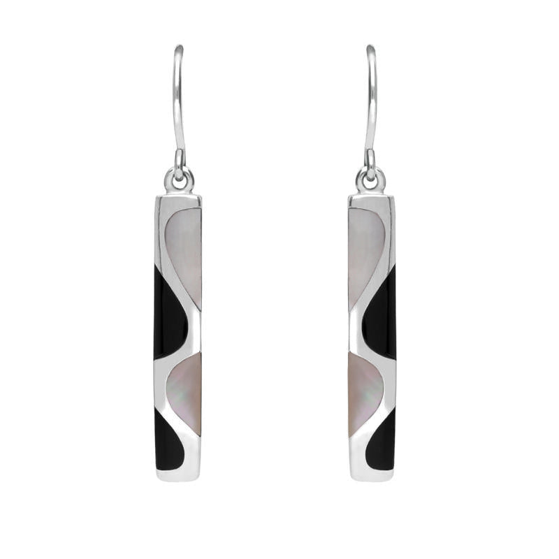 Sterling Silver Whitby Jet Pink Mother Of Pearl Slim Drop Earrings - Silver