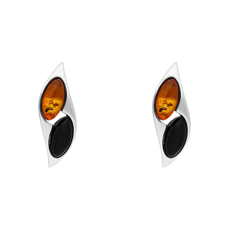 Sterling Silver Amber Whitby Jet Marquise Stud Earrings - Silver