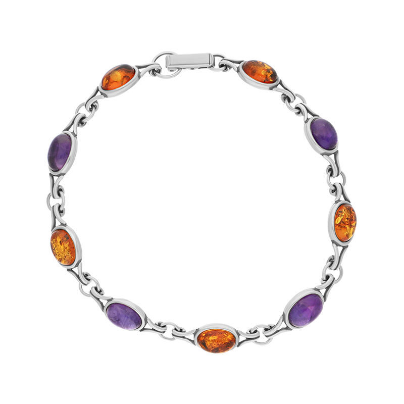 Sterling Silver Amber Amethyst Nine Stone Small Oval Bracelet D - Silver