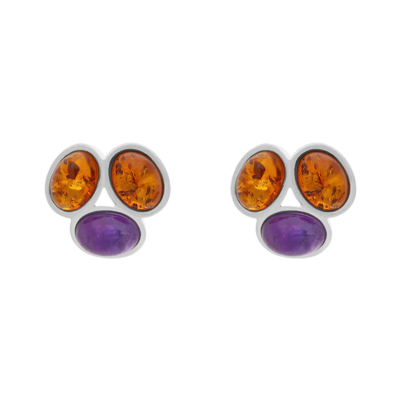 Sterling Silver Amber Amethyst Oval Stud Earrings