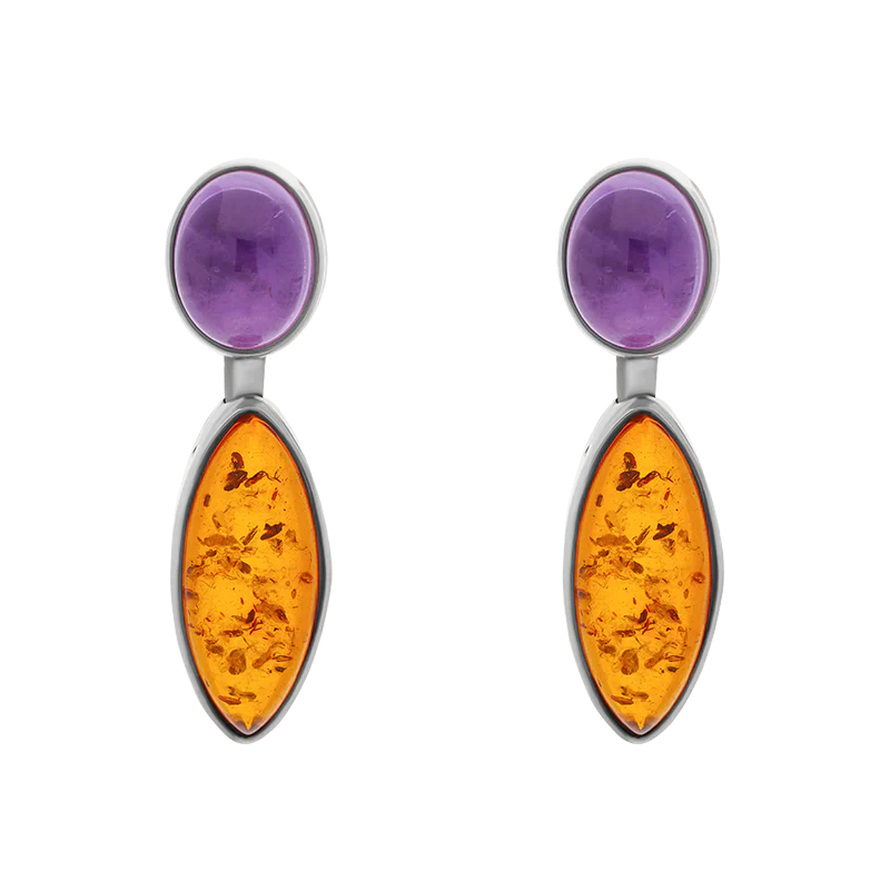 Sterling Silver Amber Amethyst Oval Top Marquise Drop Stud Earrings - Silver