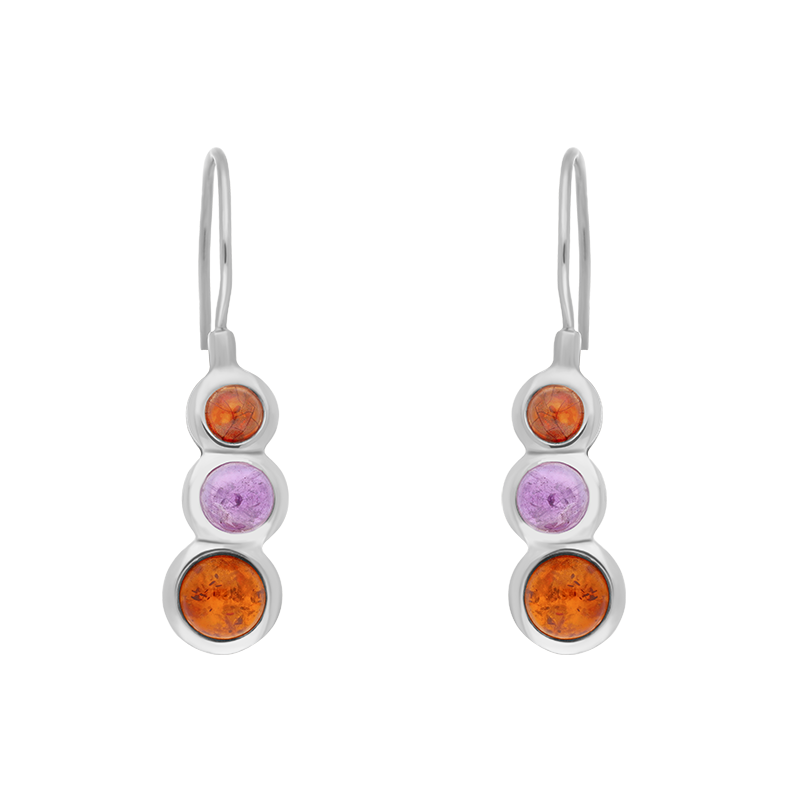 Sterling Silver Amber Amethyst Tapered Round Drop Earrings - Silver