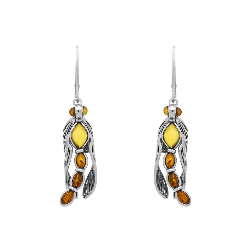 Sterling Silver Amber Dragonfly Drop Earrings