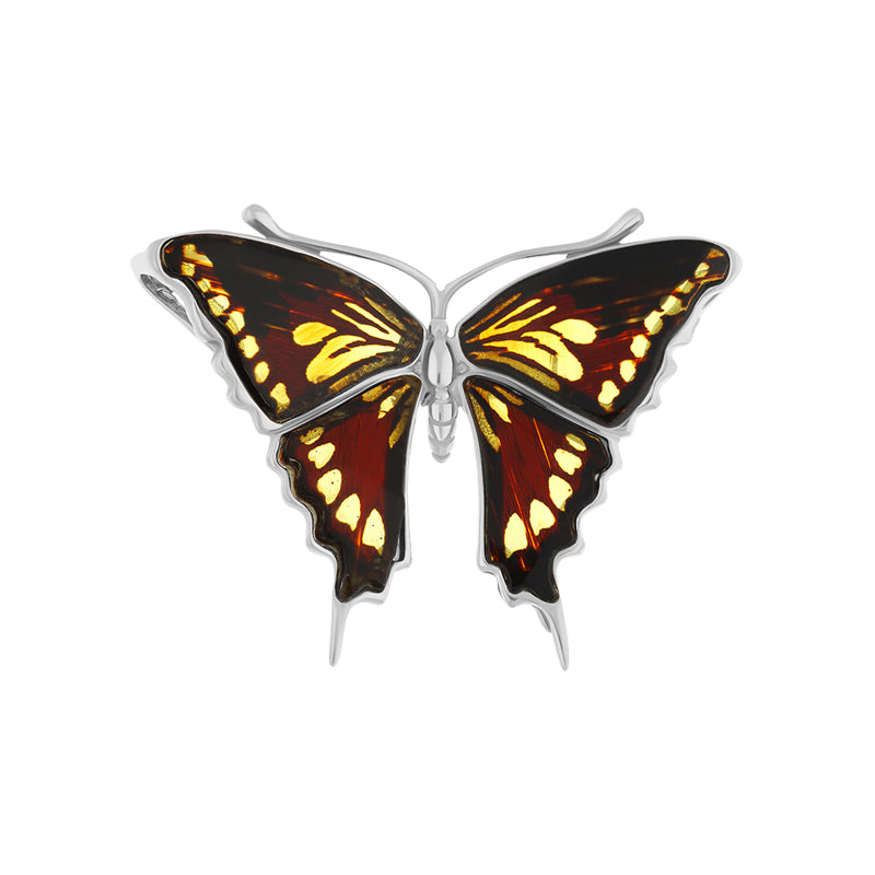 Sterling Silver Amber Large Butterfly Brooch - Silver