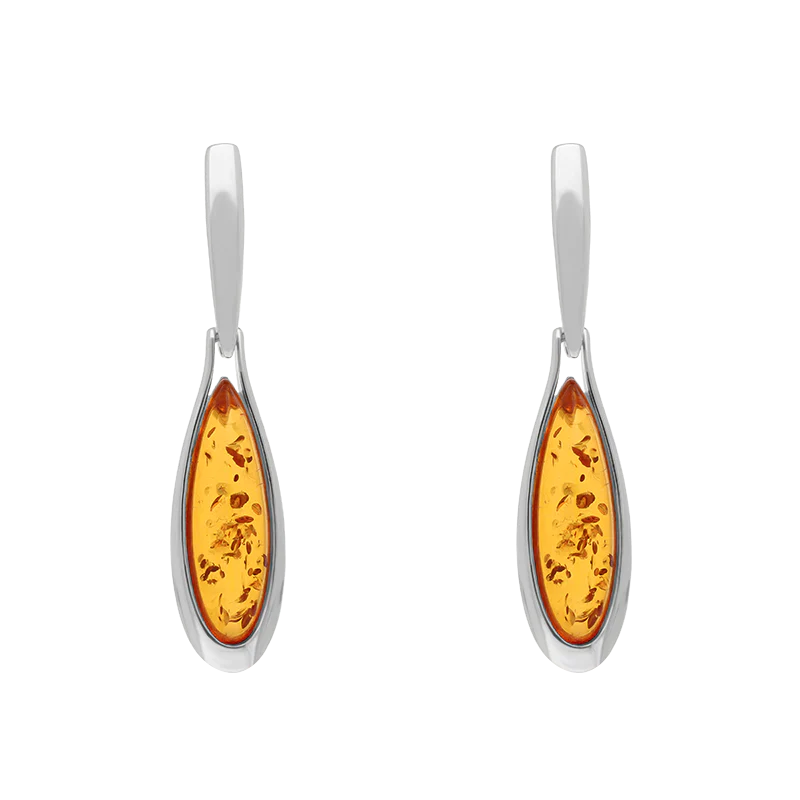 Sterling Silver Amber Long Pear Drop Earrings - Silver