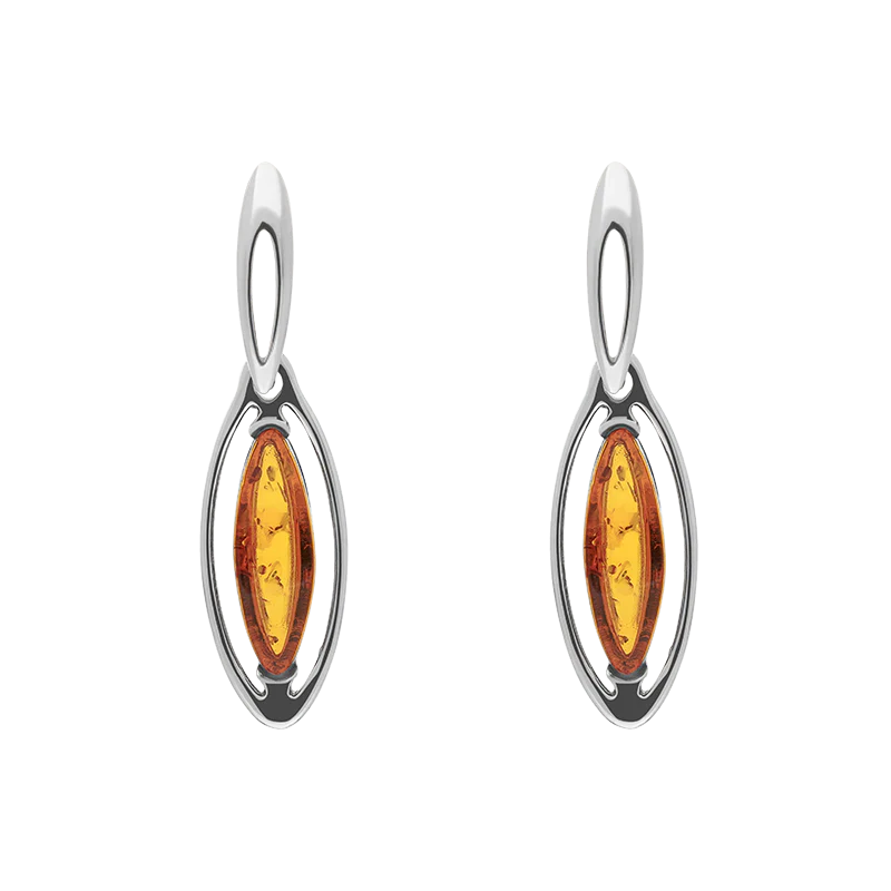 Sterling Silver Amber Marquise Open Edge Drop Earrings - Silver