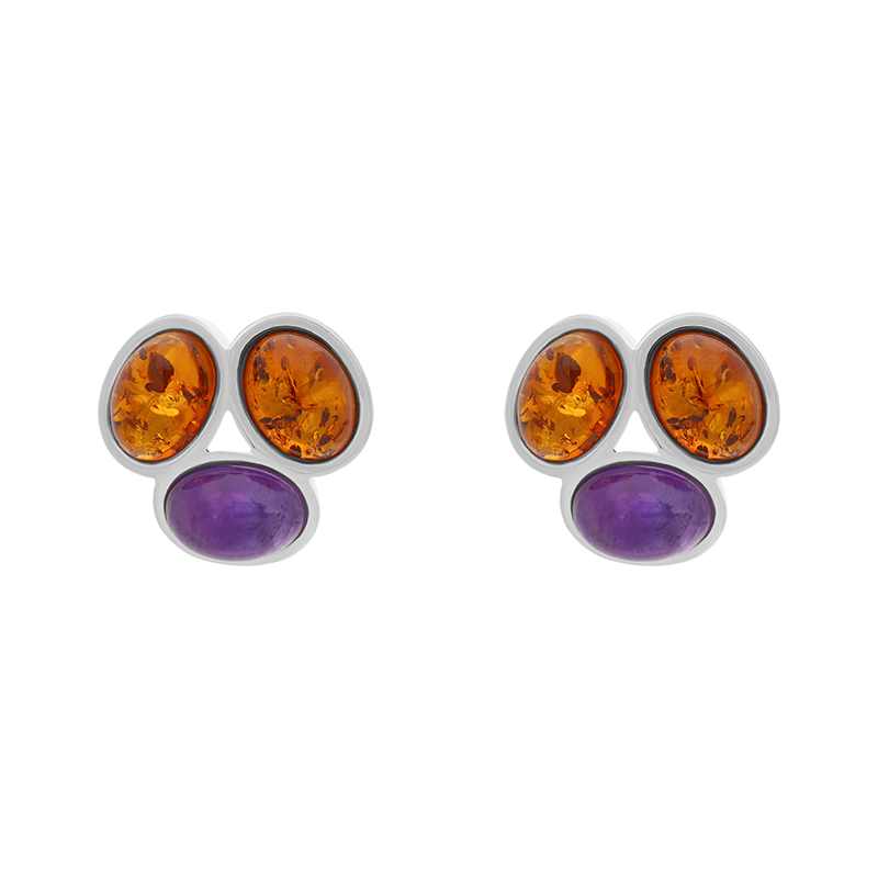Sterling Silver Amber Moonstone Oval Stud Earrings - Silver
