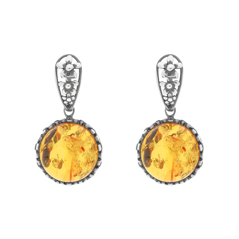 Sterling Silver Amber Round Flower Edge Drop Earrings - Silver
