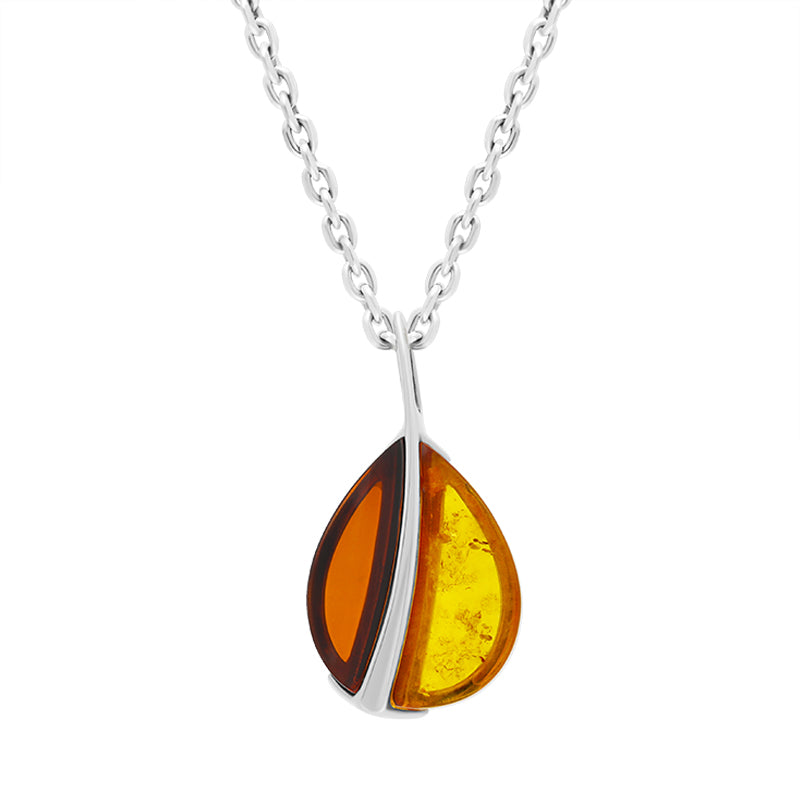 Sterling Silver Amber Split Leaf Pendant Necklace - Silver