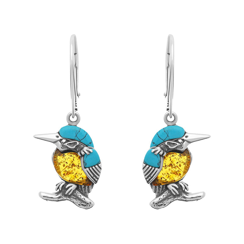 Sterling Silver Amber Turquoise Kingfisher Small Hook Drop Earrings