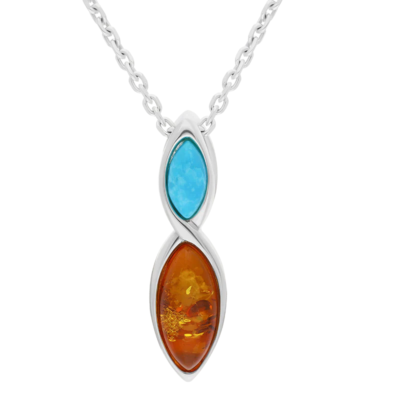 Sterling Silver Amber Turquoise Two Stone Marquise Necklace - Silver