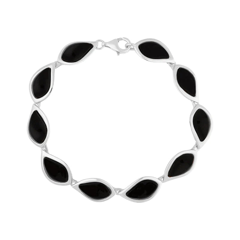Sterling Silver Whitby Jet Leaf Bracelet - Silver