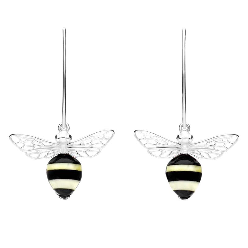 Sterling Silver Amber Whitby Jet Bee Small Hook Earrings - Silver