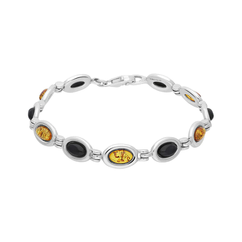 Sterling Silver Amber Whitby Jet Framed Oval Bracelet - Silver