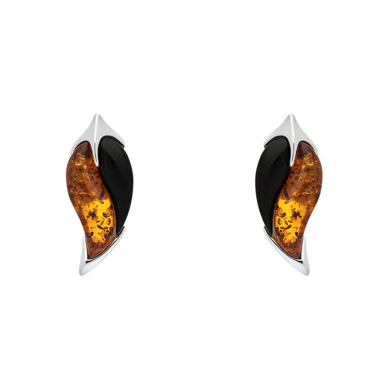 Sterling Silver Amber Whitby Jet Leaf Stud Earrings - Silver