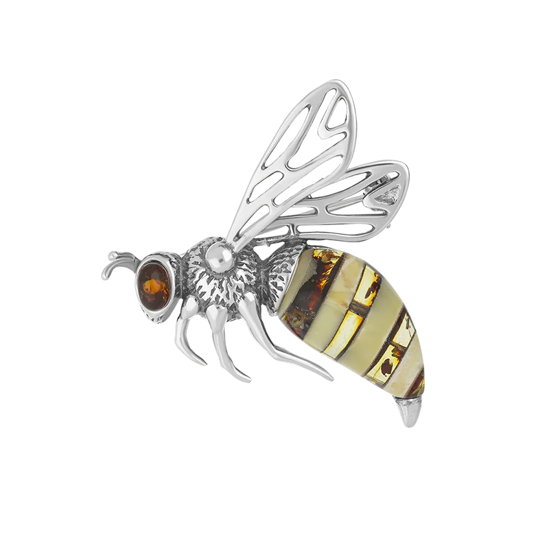 Sterling Silver Baltic Amber Filigree Wings Bee Brooch - Silver