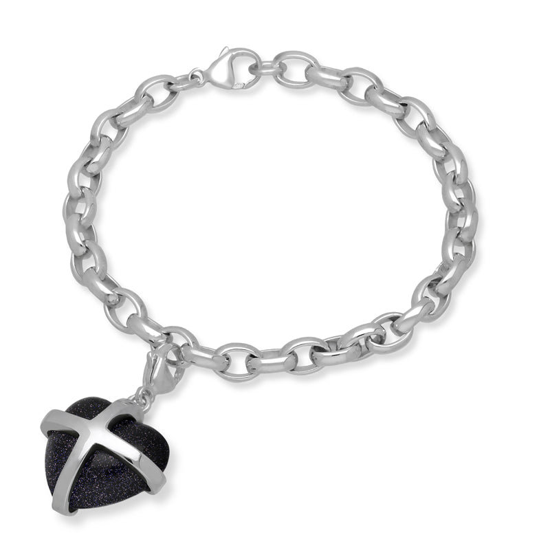 Sterling Silver Blue Goldstone Large Cross Heart Charm Bracelet - Option1 Value Silver