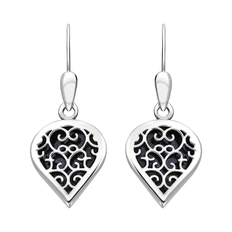 Sterling Silver Blue Goldstone Flore Filigree Heart Drop Earrings