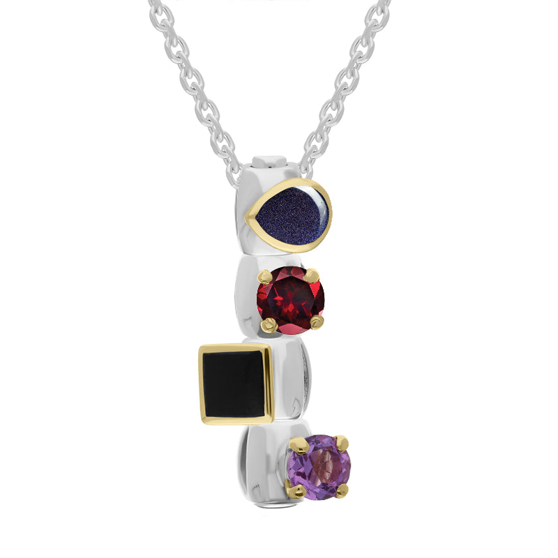 Sterling Silver Blue Goldstone Garnet Whitby Jet Amethyst Stepping Stones Four Charm Necklace - Silver
