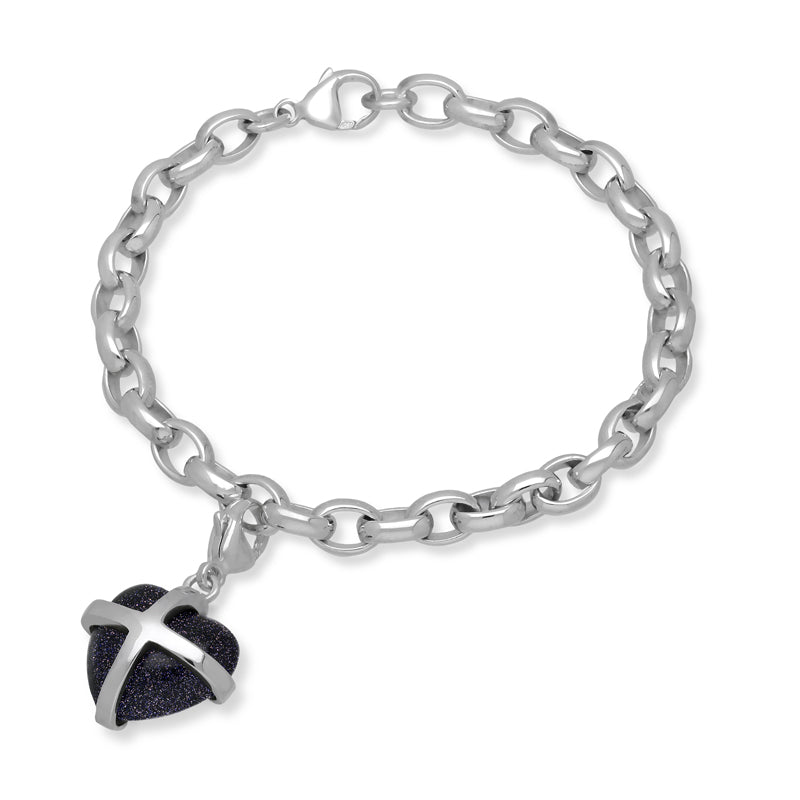 Sterling Silver Blue Goldstone Medium Cross Heart Charm Bracelet - Option1 Value Silver