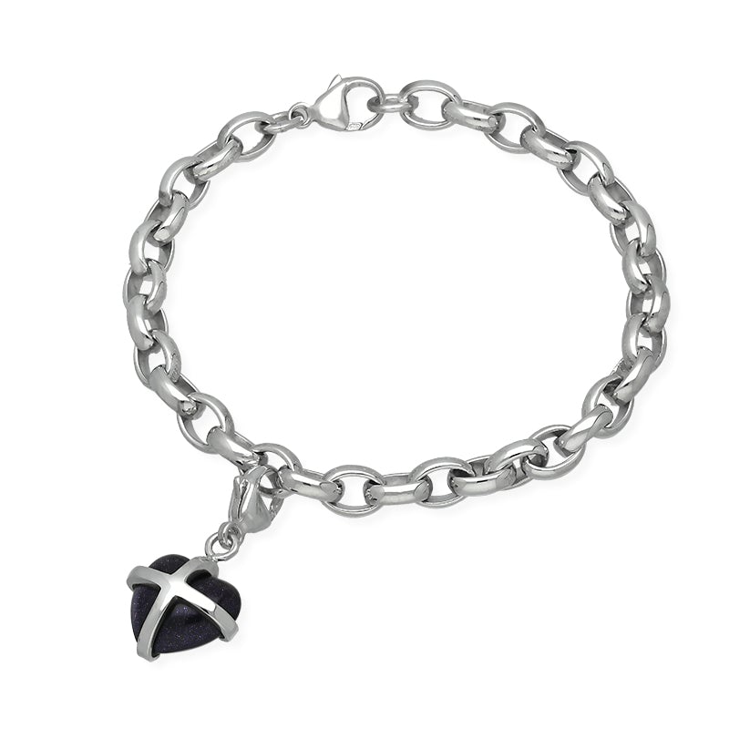 Sterling Silver Blue Goldstone Small Cross Heart Charm Bracelet - Option1 Value Silver