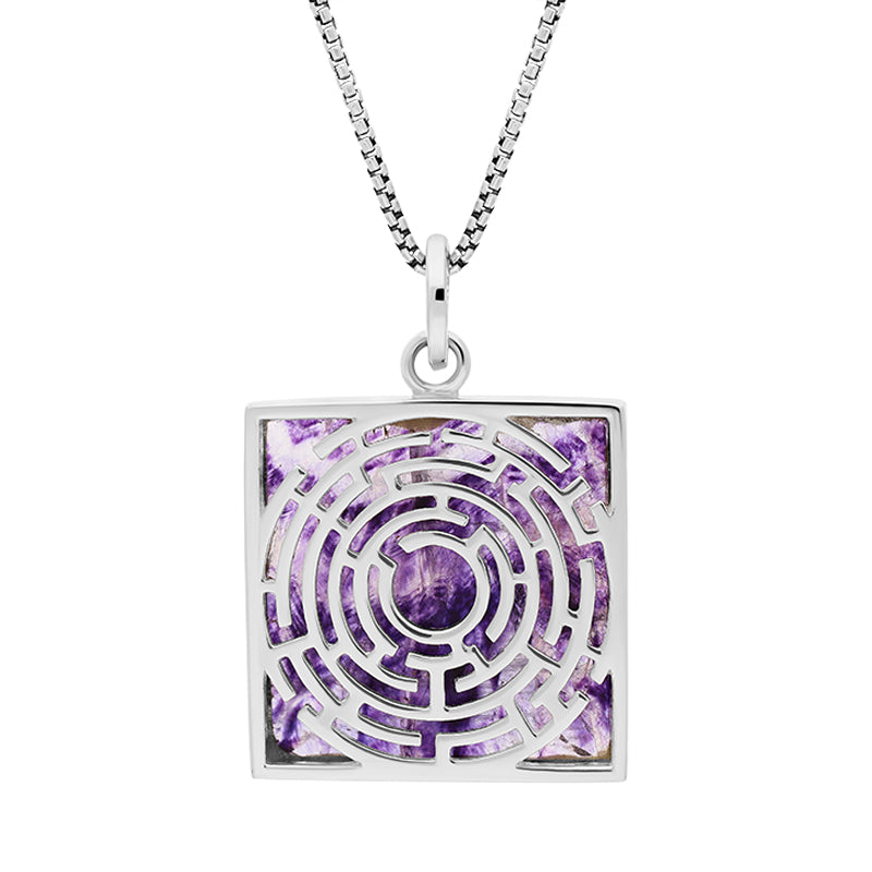 Sterling Silver Blue John Chatsworth Garden Open Square Maze Necklace - Silver