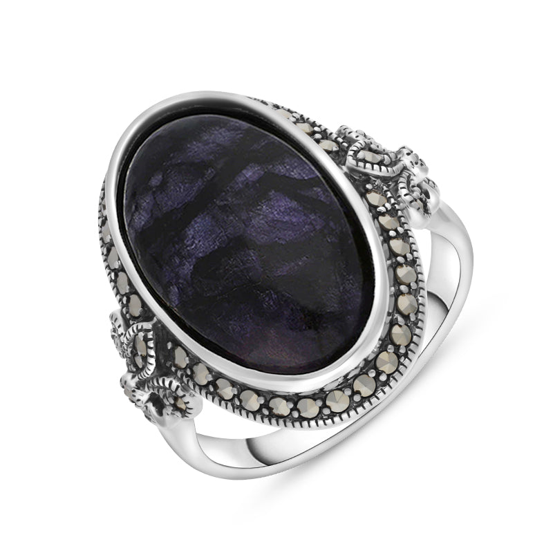 Sterling Silver Blue John Marcasite Frame Large Oval Ring - Silver