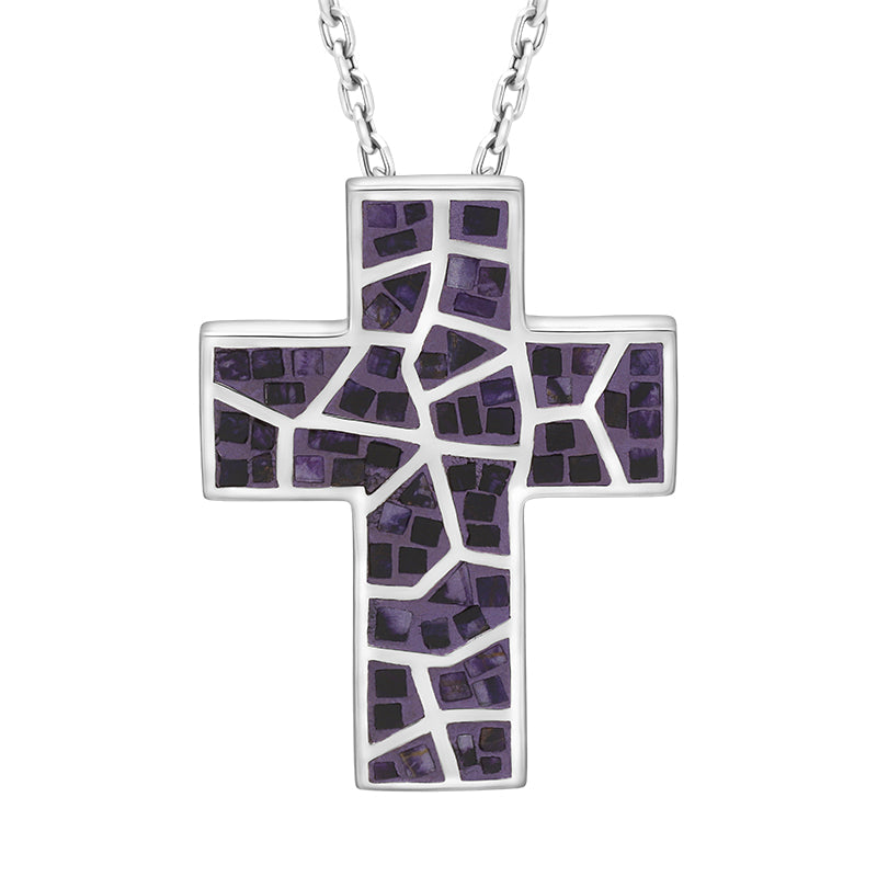 Sterling Silver Blue John Mosaic Set Cross Necklace D