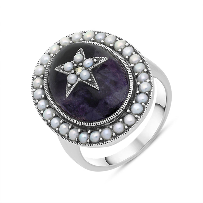 Sterling Silver Blue John Pearl Framed Large Oval Flower Ring - Silver
